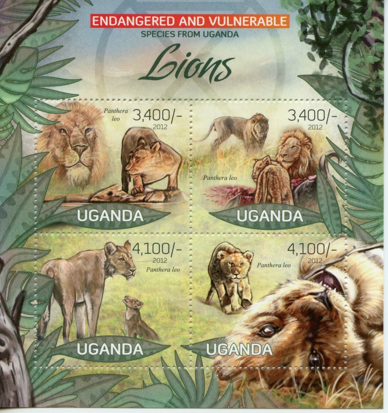 Uganda Wild Animals Stamps 2012 MNH Lions Lion Big Cats Mammals Fauna 4v M/S II