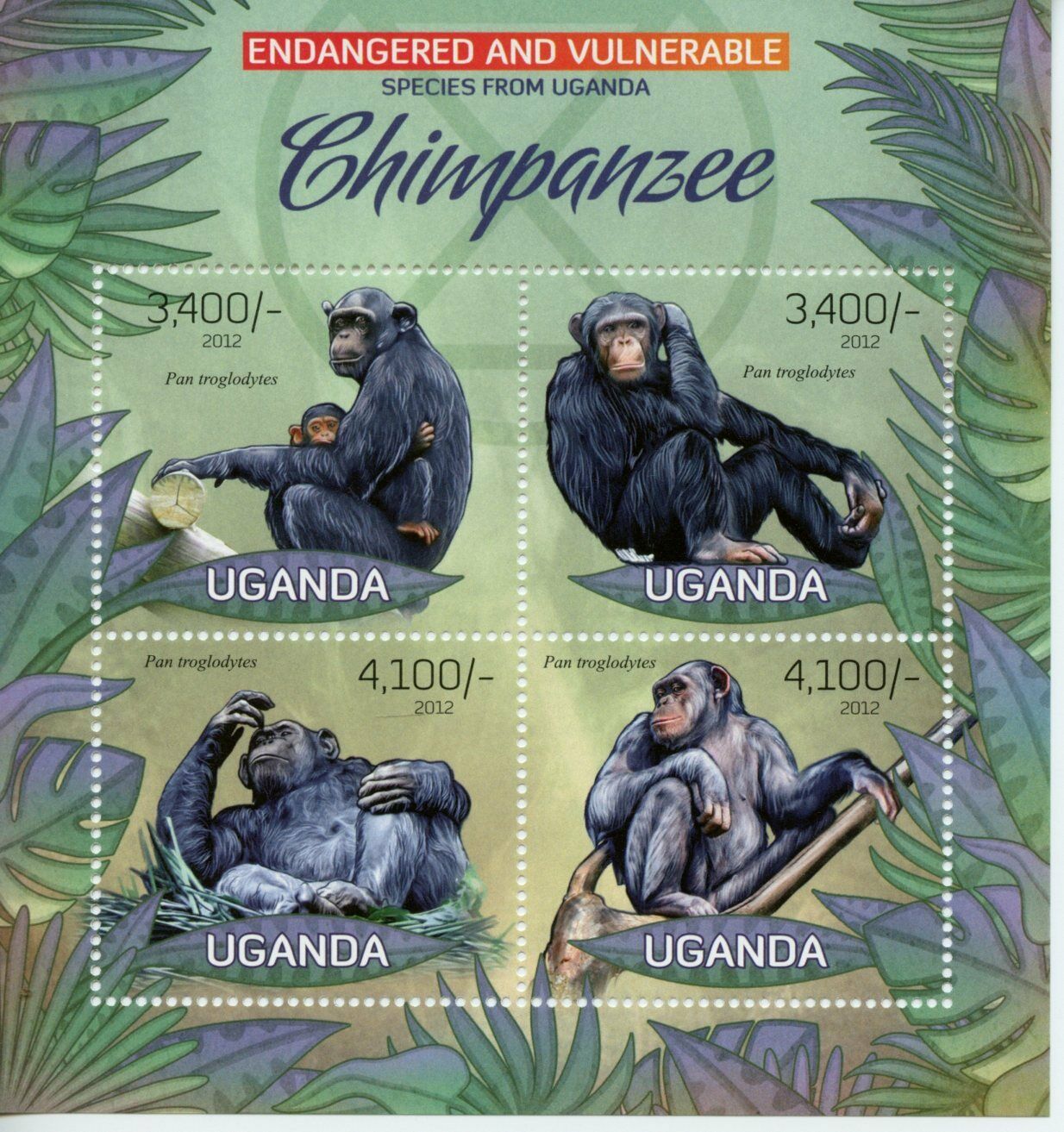 Uganda Wild Animals Stamps 2012 MNH Chimpanzees Primates Mammals Fauna 4v M/S