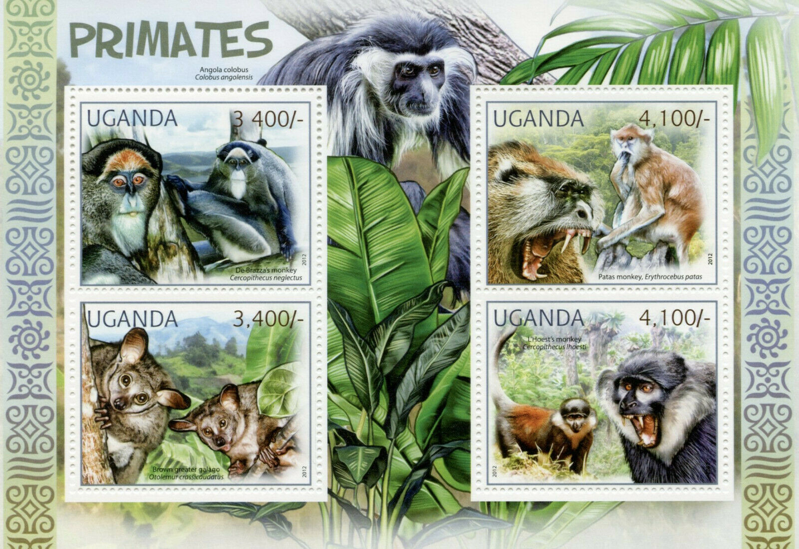 Uganda Wild Animals Stamps 2012 MNH Primates Monkeys Patas Monkey Galago 4v M/S