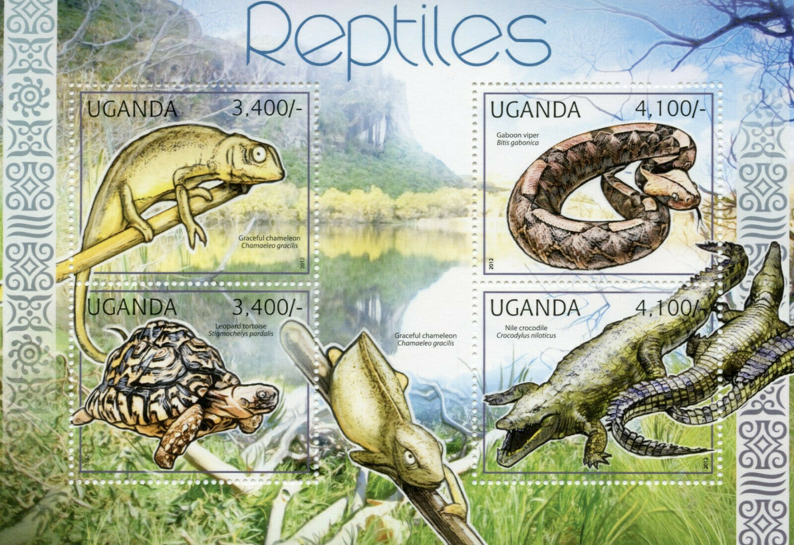 Uganda Reptiles Stamps 2012 MNH Chameleons Crocodiles Snakes Turtles 4v M/S
