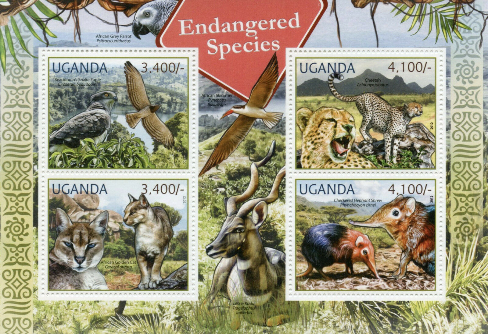 Uganda Wild Animals Stamps 2012 MNH Birds of Prey Eagles Cheetahs Shrews 4v M/S