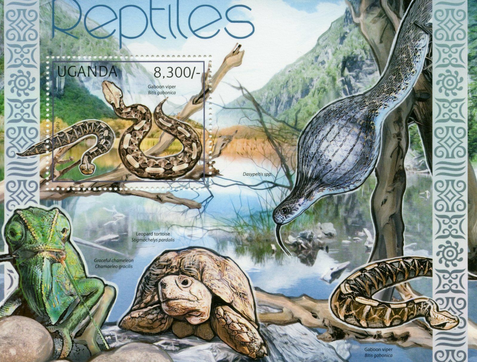 Uganda Reptiles Stamps 2012 MNH Gaboon Viper Snakes Turtles Tortoises 1v S/S