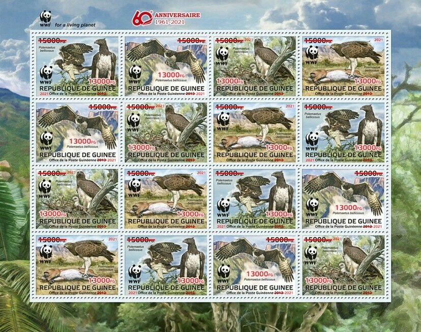 Guinea 2021 MNH WWF Stamps Martial Eagle Eagles Birds of Prey Red OVPT 16v M/S