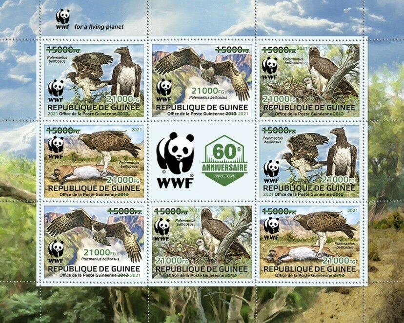 Guinea 2021 MNH WWF Stamps Martial Eagle Eagles Birds of Prey Green OVPT 8v M/S