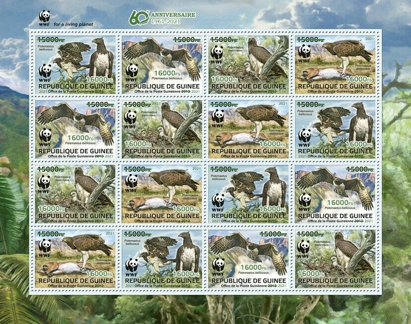 Guinea 2021 MNH WWF Stamps Martial Eagle Eagles Birds of Prey Green OVPT 16v M/S
