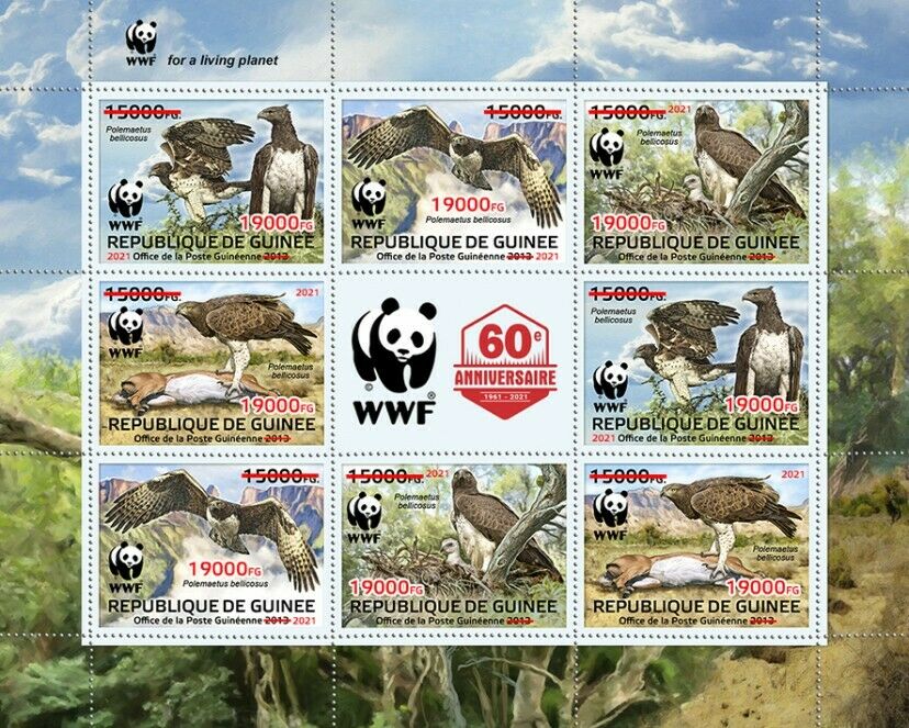 Guinea 2021 MNH WWF Stamps Martial Eagle Eagles Birds of Prey Red OVPT 8v M/S
