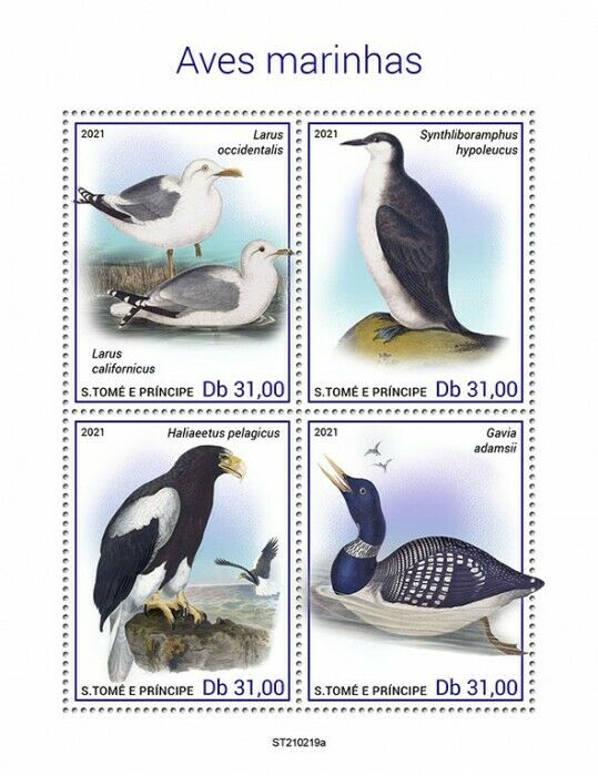 Sao Tome & Principe 2021 MNH Sea Birds on Stamps Auks Sea Eagles Loons 4v M/S