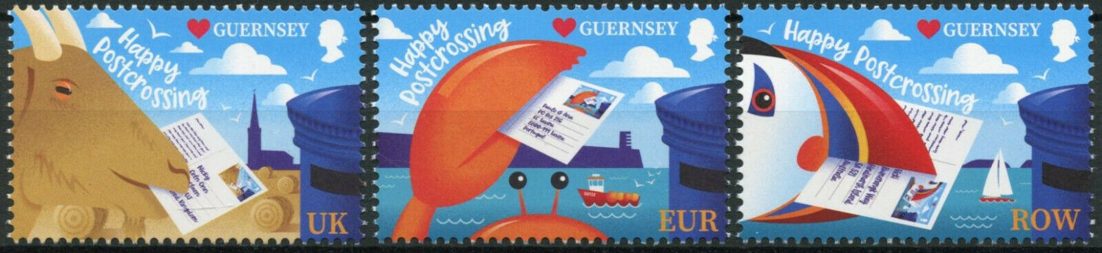 Guernsey 2021 MNH Postcrossing Stamps Puffins Birds Crabs Postcards 3v Set