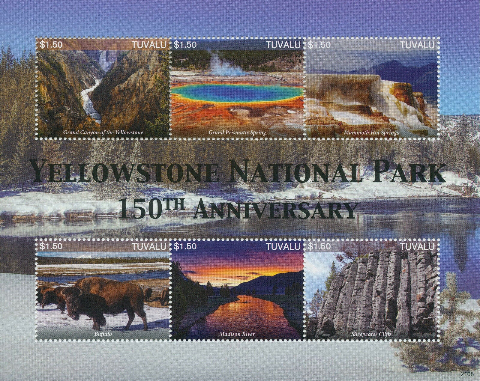 Tuvalu 2021 MNH Landscapes Stamps Yellowstone National Park Mountains 6v M/S