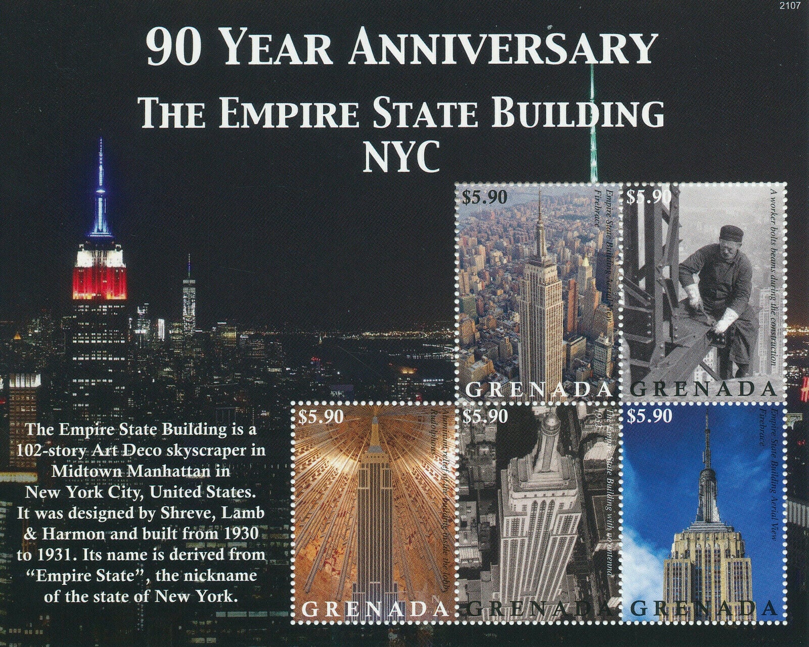 Grenada 2021 MNH Architecture Stamps Empire State Building NYC Landmarks 5v M/S
