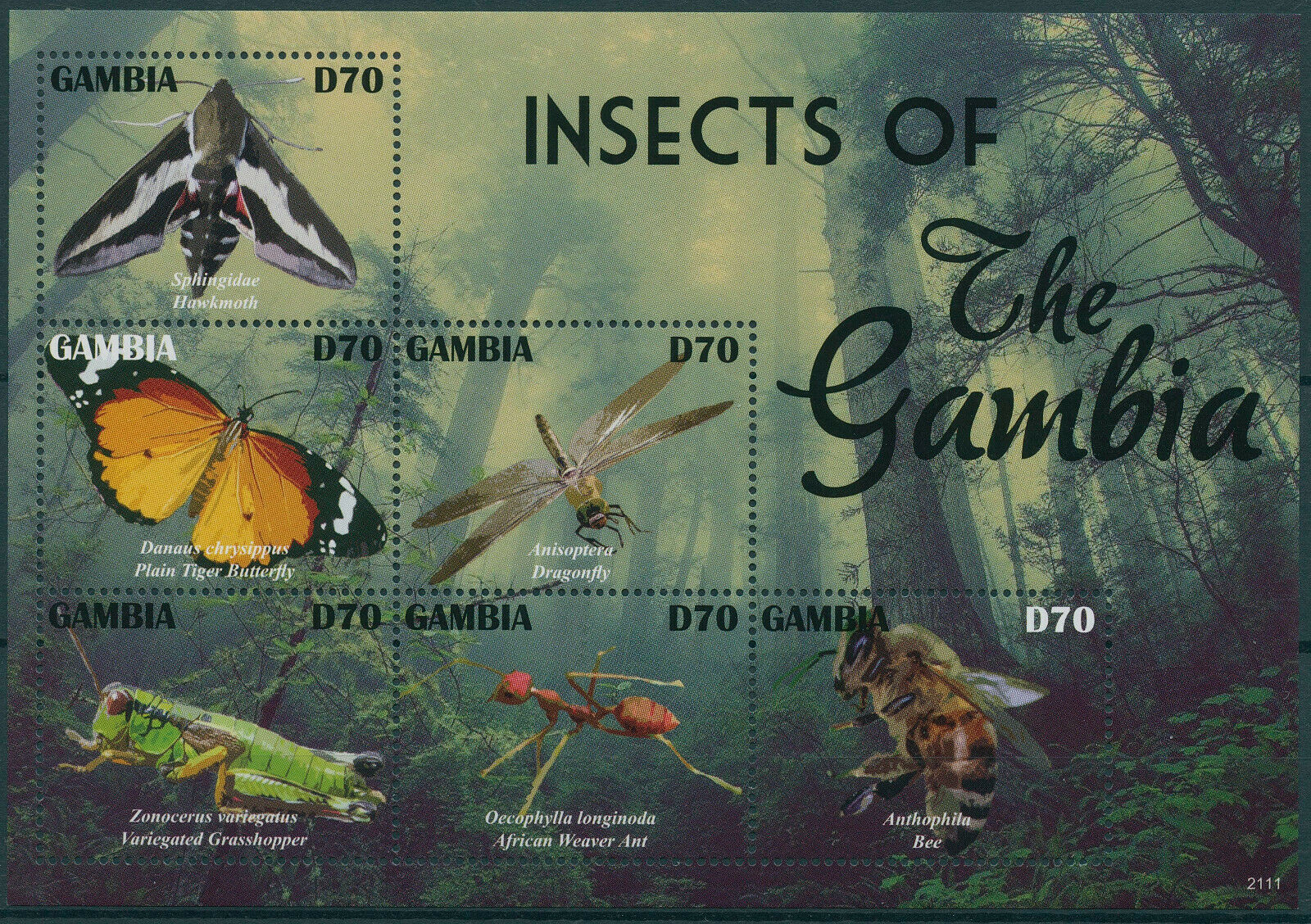 Gambia 2021 MNH Insects Stamps Butterflies Bees Dragonflies Moths Ants 6v M/S