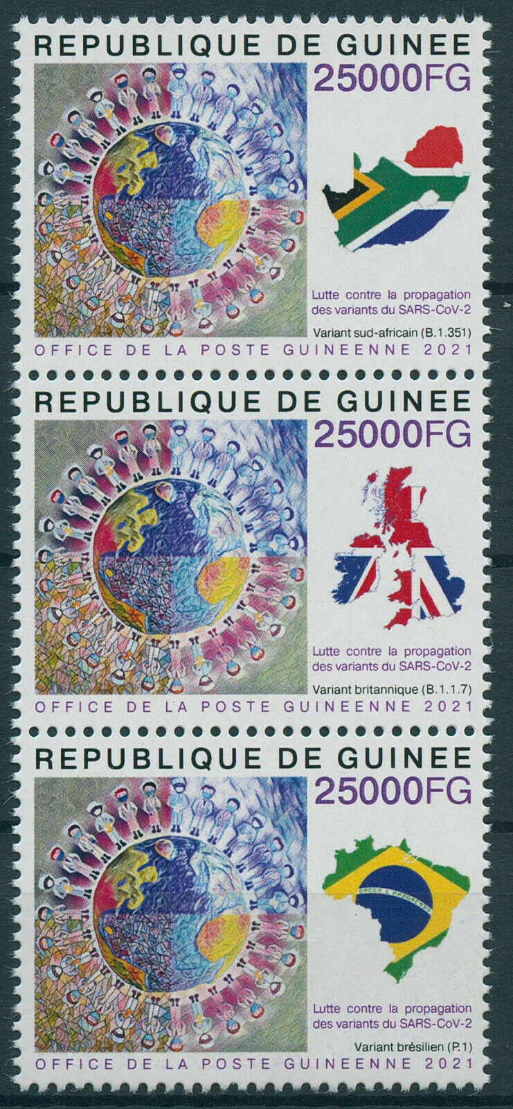 Guinea 2021 MNH Medical Stamps Corona Fight SARS-Cov-2 Variants Covid-19 Covid 3v Strip