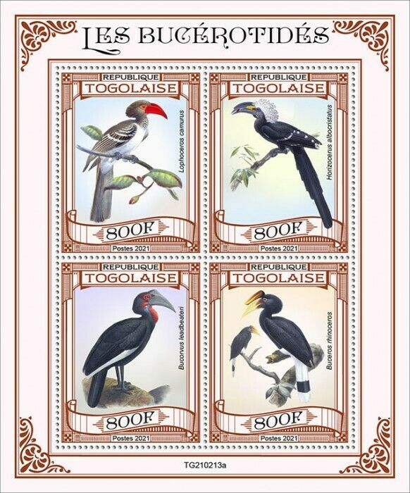 Togo 2021 MNH Birds on Stamps Hornbills Hornbill 4v M/S