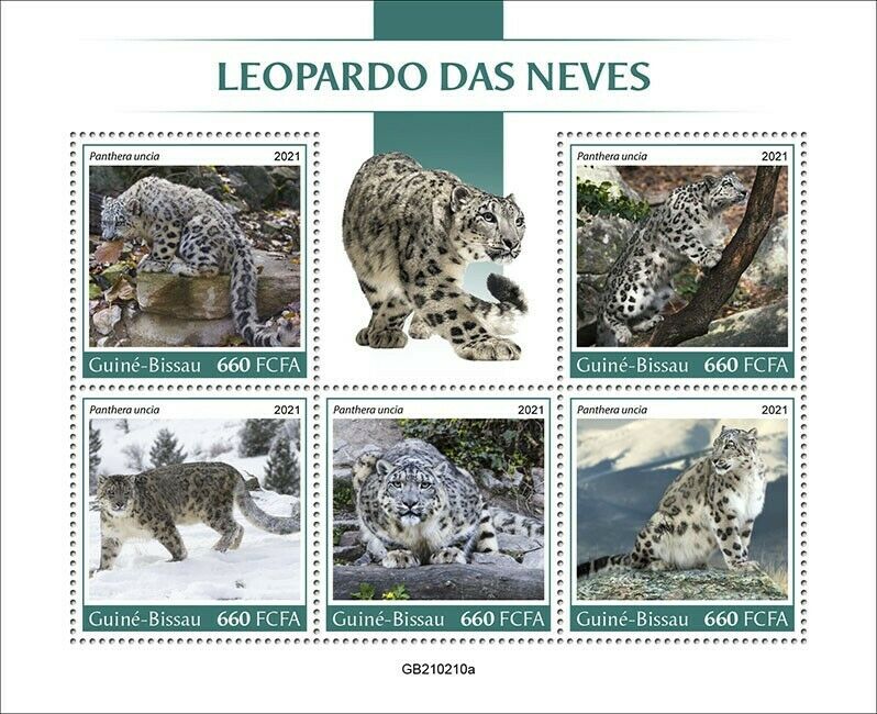 Guinea-Bissau 2021 MNH Wild Animals Stamps Snow Leopard Leopards Big Cats 5v M/S