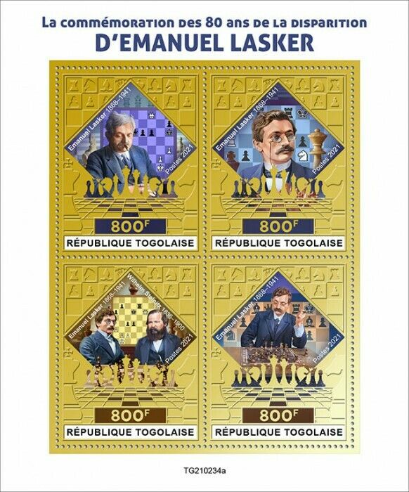 Togo 2021 MNH Chess Stamps Emanuel Lasker German Player Sports 4v Gold M/S