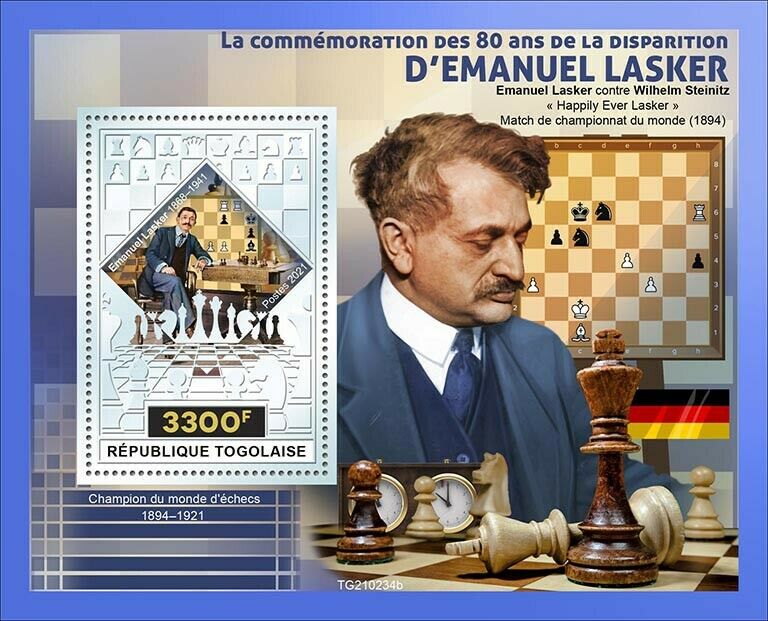 Togo 2021 MNH Chess Stamps Emanuel Lasker German Player Sports 1v Silver S/S