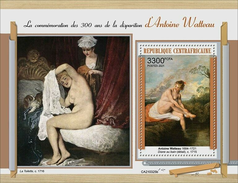Central African Rep 2021 MNH Art Stamps Antoine Watteau Nude Paintings 1v S/S