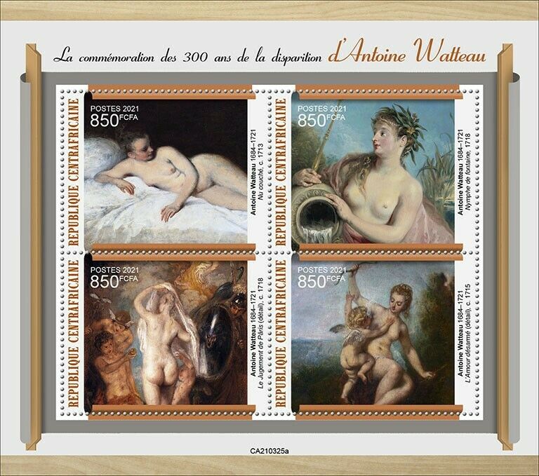 Central African Rep 2021 MNH Art Stamps Antoine Watteau Nude Paintings 4v M/S