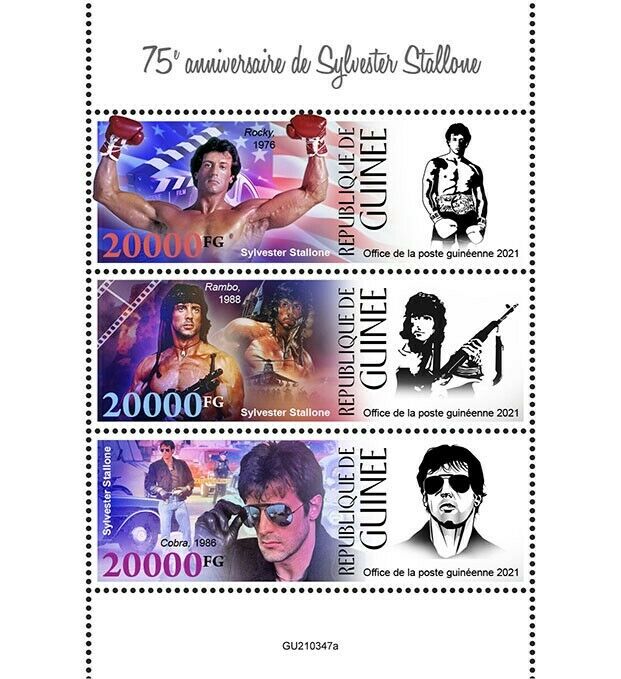 Guinea 2021 MNH Celebrities Stamps Sylvester Stallone Rocky Rambo Movies 3v M/S