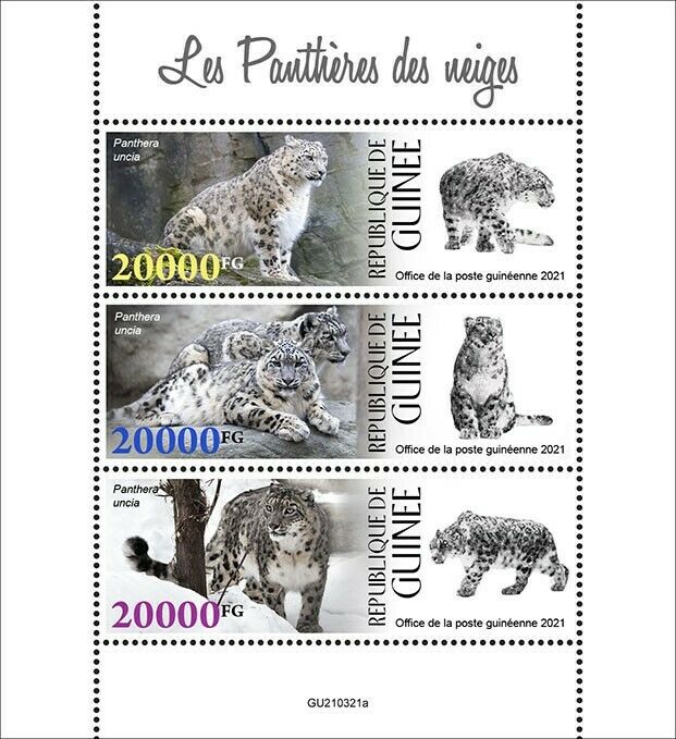 Guinea 2021 MNH Wild Animals Stamps Leopards Snow Leopard Big Cats Fauna 3v M/S