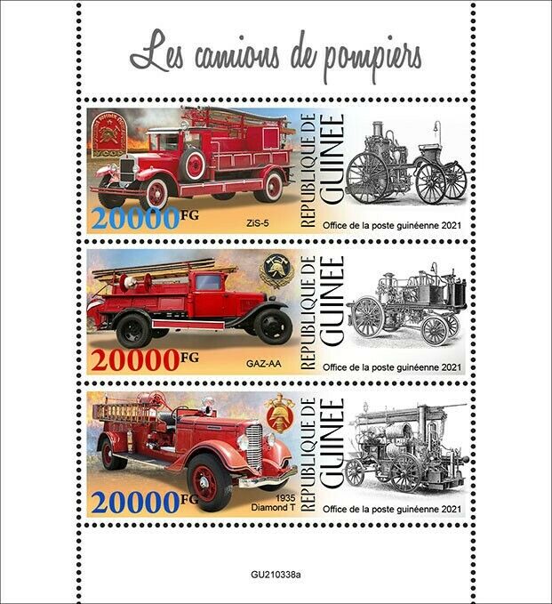 Guinea 2021 MNH Fire Engines Stamps Diamond T Trucks Special Transport 3v M/S