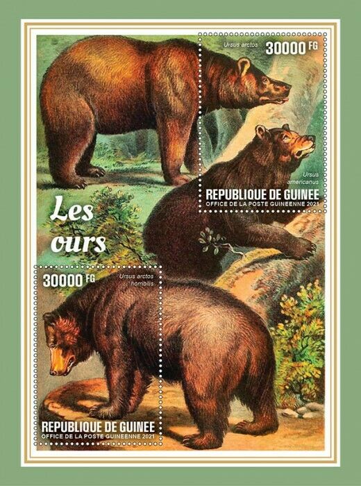 Guinea 2021 MNH Wild Animals Stamps Bears Brown Black Grizzly Bear 2v S/S