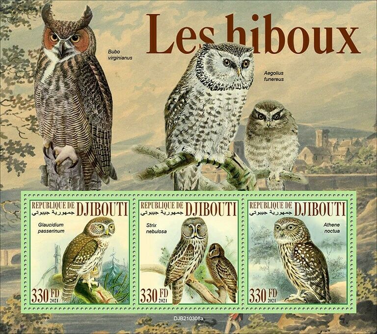 Djibouti 2021 MNH Birds on Stamps Owls Great Grey Pygmy Little Owl 3v M/S