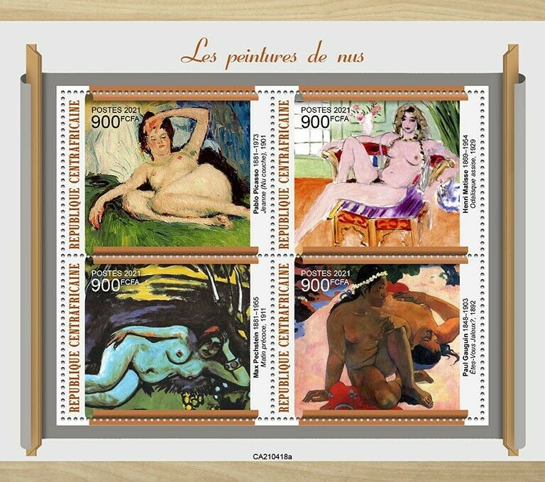 Central African Rep 2021 MNH Art Stamps Nude Paintings Picasso Matisse 4v M/S
