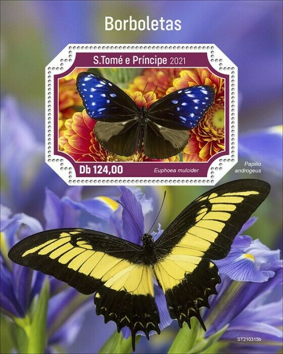 Sao Tome & Principe 2021 MNH Butterflies Stamps Blue Crow Butterfly 1v S/S