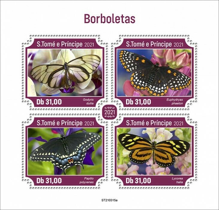 Sao Tome & Principe 2021 MNH Butterflies Stamps Swallowtail Butterfly 4v M/S