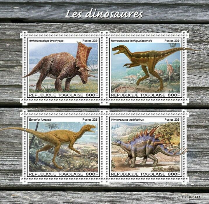 Togo 2021 MNH Dinosaurs Stamps Prehistoric Animals Kentrosaurus Eoraptor 4v M/S