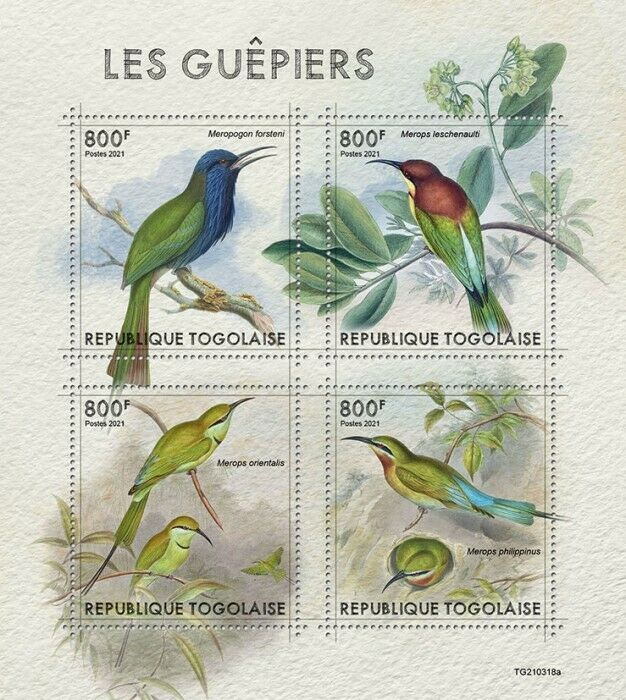 Togo 2021 MNH Birds on Stamps Bee-Eaters Bee-Eater 4v M/S
