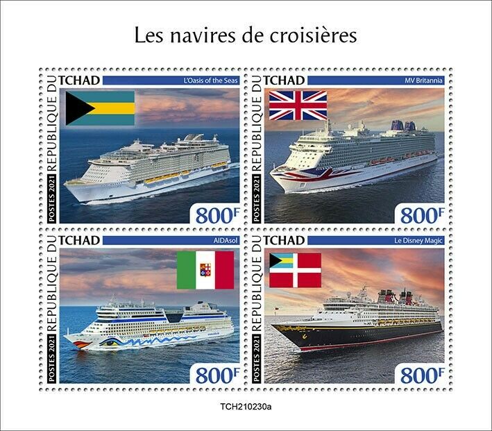 Chad 2021 MNH Cruise Ships Stamps Oasis of Seas MV Britannia Disney Magic 4v M/S
