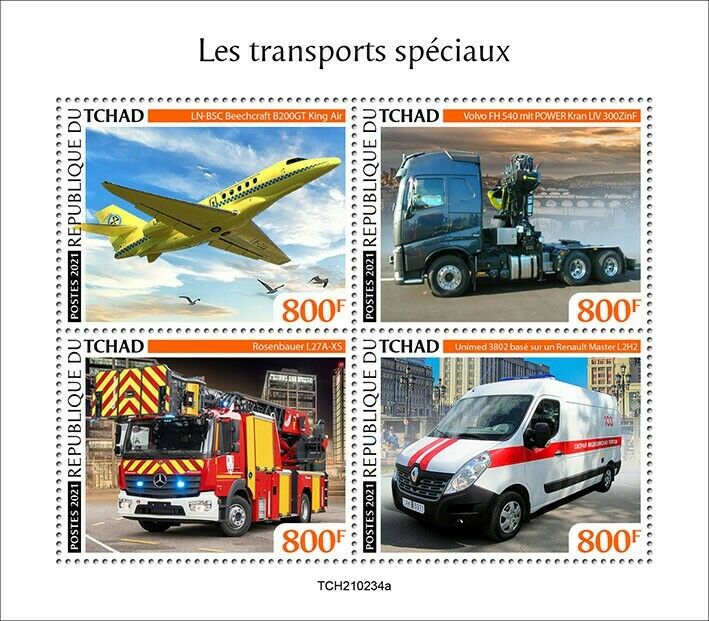 Chad 2021 MNH Special Transport Stamps Fire Engines Ambulance Aircraft 4v M/S