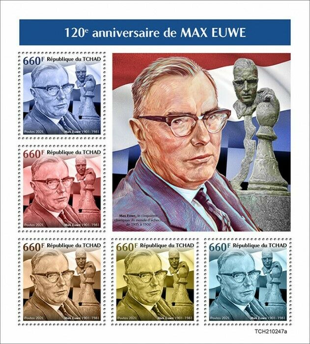 Chad 2021 MNH Chess Stamps Max Euwe Dutch Chess Player Games Sports 5v M/S