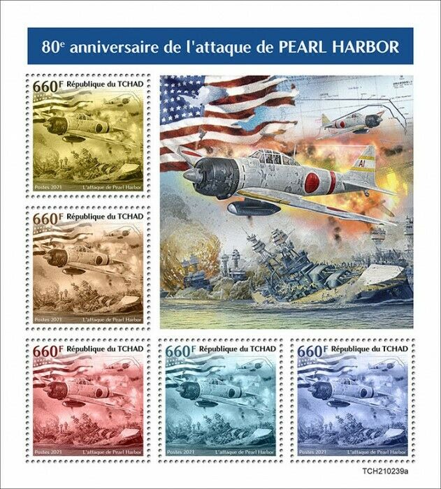 Chad 2021 MNH Military Stamps WWII WW2 Pearl Harbor Attack Ships Aviation 5v M/S