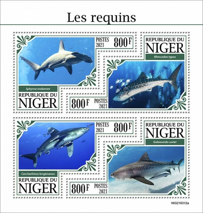 Niger 2021 MNH Marine Animals Stamps Sharks Great Hammerhead Shark 4v M/S