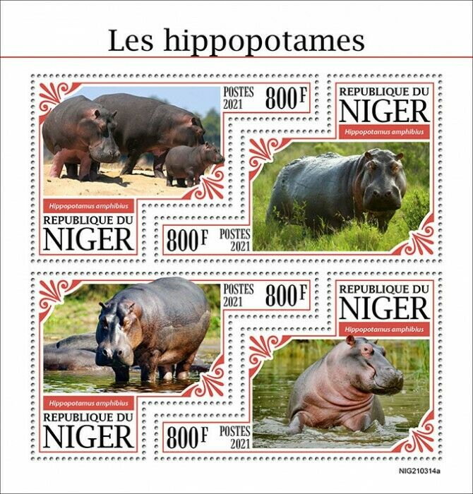 Niger 2021 MNH Wild Animals Stamps Hippopotamus Hippos 4v M/S