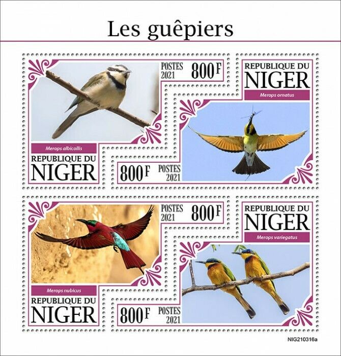 Niger 2021 MNH Birds on Stamps Bee-Eaters Bee-Eater 4v M/S