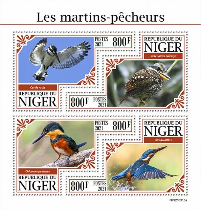 Niger 2021 MNH Birds on Stamps Kingfishers Pied Kingfisher 4v M/S