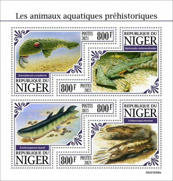 Niger 2021 MNH Prehistoric Water Animals Stamps Diplocaulus Anomalocaris 4v M/S