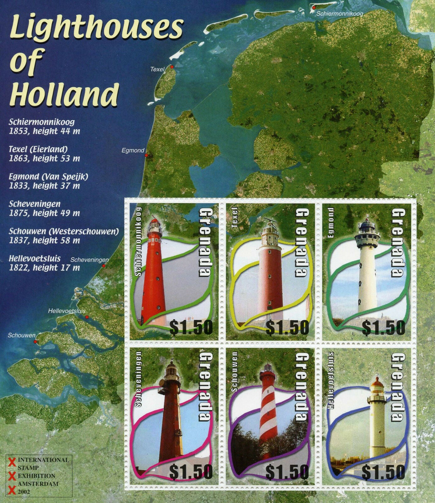 Grenada 2002 MNH Architecture Stamps Lighthouses of Holland 6v M/S