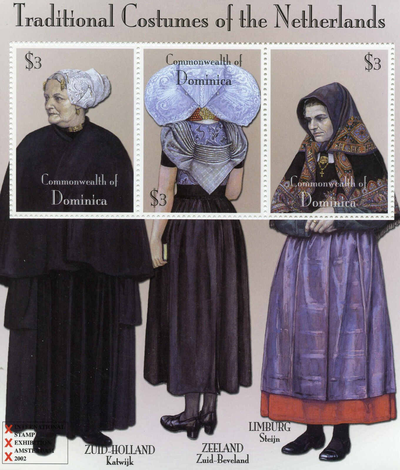 Dominica 2002 MNH Cultures Stamps Traditional Costumes Netherlands Katwijk Steijn 3v M/S