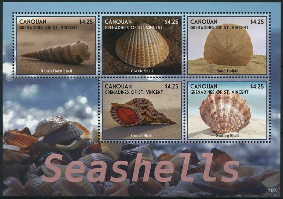 Canouan Gren St Vincent 2021 MNH Seashells Stamps Conch Cockle Shell 5v M/S