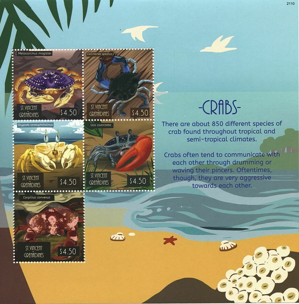 St Vincent & Grenadines 2021 MNH Marine Animals Stamps Crabs Crustaceans 5v M/S