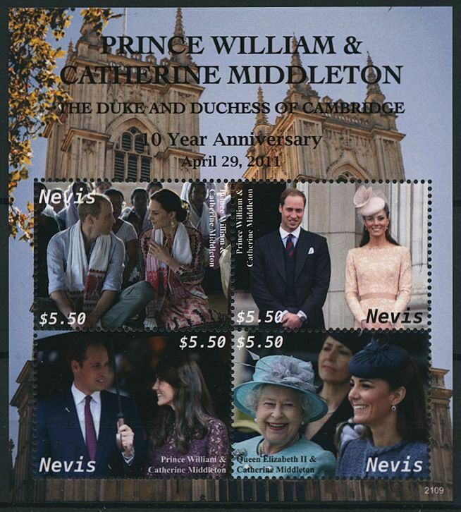 Nevis 2021 MNH Royalty Stamps Prince William & Kate Royal Wedding Anniv 4v M/S