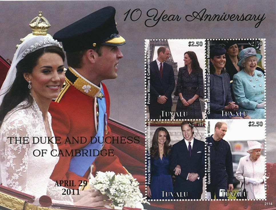 Tuvalu 2021 MNH Royalty Stamps Prince William & Kate Royal Wedding Anniv 4v M/S