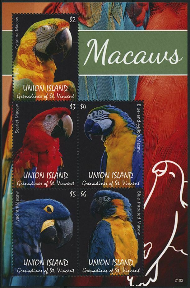 Union Island Gren St Vincent 2021 MNH Birds on Stamps Macaws Parrots 5v M/S
