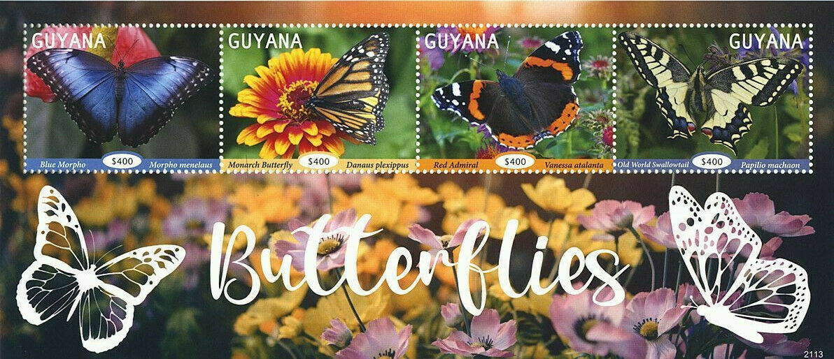 Guyana 2021 MNH Butterflies Stamps Monarch Butterfly Red Admiral Morpho 4v M/S
