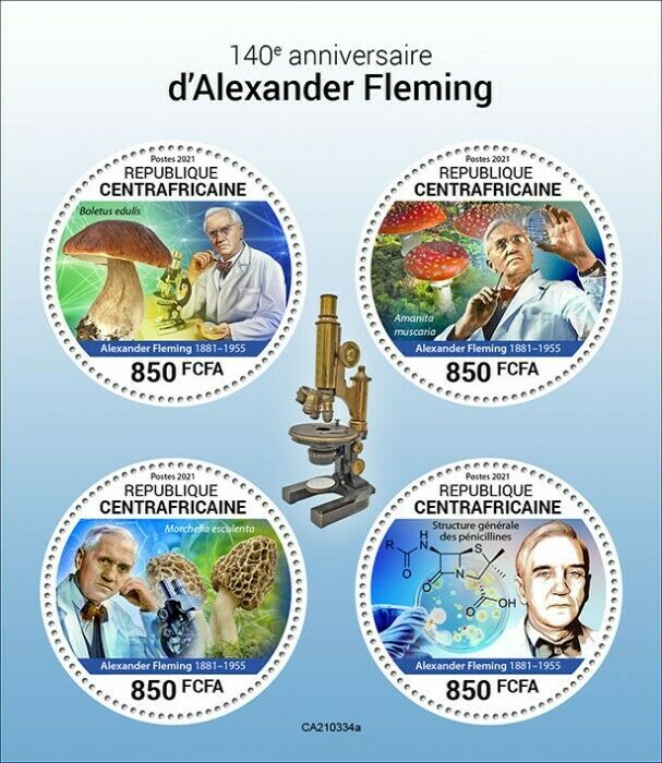 Central African Rep 2021 MNH Mushrooms Stamps Alexander Fleming Science 4v M/S